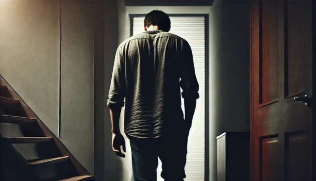 ひどく落ち込む男性の後ろ姿のシルエット