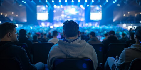 World region IT conference, gaming expo, gaming industry event or gaming competition amusement, A speaker giving a lecture to an audience in an auditorium, or hall. Hand edited generative AI.