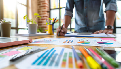 Fototapeta premium A young professional examines colorful charts and graphs on a desk, working in a modern, bright office setting filled with natural light and greenery.