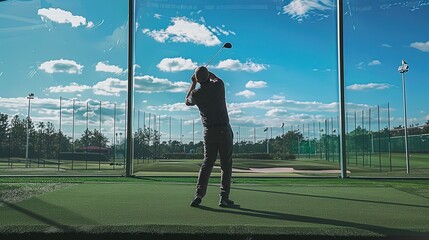 Golfer practicing swings at a driving range with golf course in the background. Focus on the golfer and the driving range setup. Generative by AI