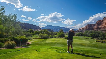 Golfer swinging on a green golf course with a mountainous desert landscape in the background. Clear sky with scattered clouds. Generative by AI