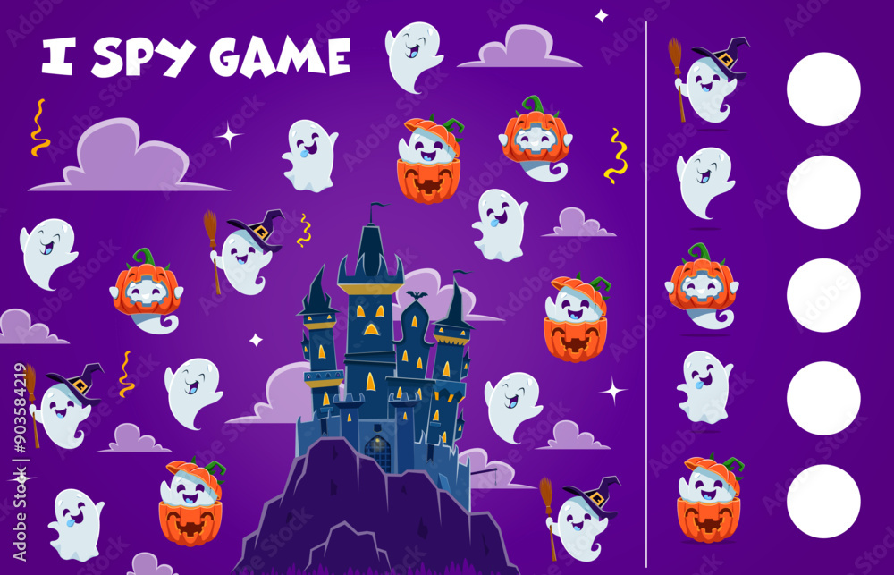 Wall mural Halloween i spy game with cartoon cute kawaii ghost characters, vector puzzle worksheet. Find and match suitable picture of funny boo ghosts with pumpkin, witch hat and broom on Halloween horror night