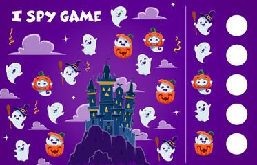 Halloween i spy game with cartoon cute kawaii ghost characters, vector puzzle worksheet. Find and match suitable picture of funny boo ghosts with pumpkin, witch hat and broom on Halloween horror night