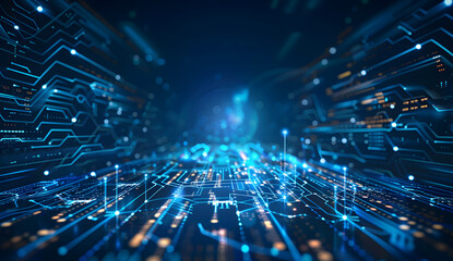 Abstract digital scape in deep hues, featuring vibrant red/orange pixels on dark background, evoking future tech vibes.