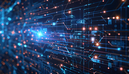 Fototapeta premium Abstract digital scape in deep hues, featuring vibrant red/orange pixels on dark background, evoking future tech vibes.