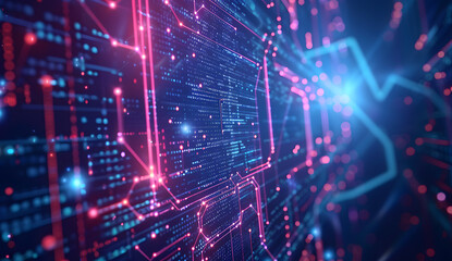 Naklejka premium Abstract digital scape in deep hues, featuring vibrant red/orange pixels on dark background, evoking future tech vibes.