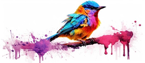 Colorful Bird on Branch with Paint Splatter