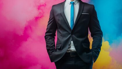 Young businessman in a sleek black suit and blue tie standing confidently against a vibrant pink, yellow, and blue smoke background.