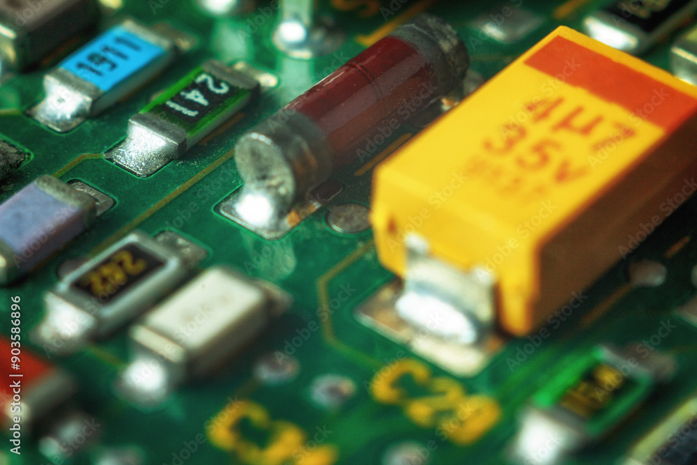 Poster macro close-up of a microcircuit: detailed tracks and components, shiny metal contacts, complex stru