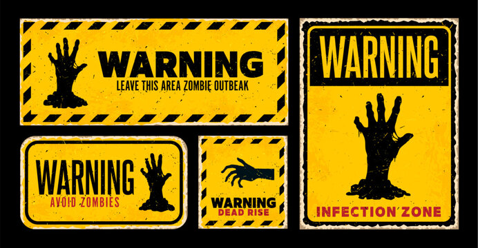 Zombie warning caution signs, Halloween holiday grunge banners of danger zone, vector set. zombie outbreak and monster apocalypse warning signs with undead hand reaching from grave for horror night