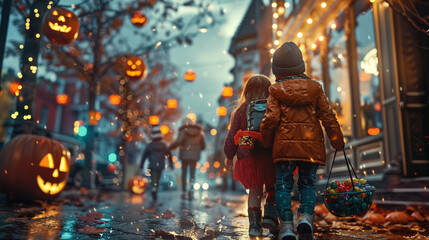 Obraz premium Trick or treat? Halloween evening in small town or suburbs. Children trick or traeting, bokeh lights in the background. Happy mood