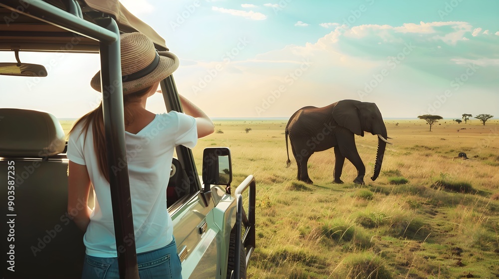 Wall mural woman standing in a safari vehicle tourist elephant in the savanna travel summer