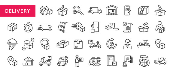 Delivery Services icons. Set of 20 Delivery trendy minimal icons featuring concepts such as worldwide shipping, package tracking, express mail, and secure transportation. Vector illustration 