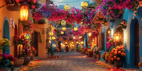 Colorful street adorned for Dia de los Muertos with flowers and