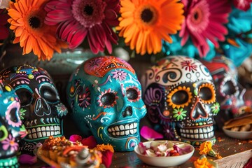 Fototapeta premium Colorful Day of the Dead skulls with flowers