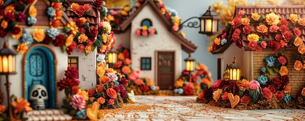 Fototapeta premium Miniature festive village adorned with Day of the Dead decor.