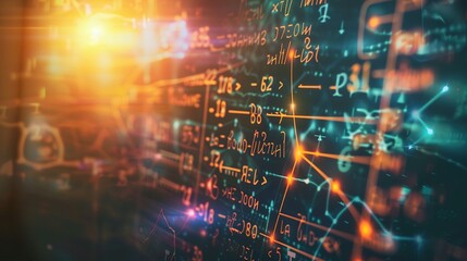 Naklejka premium Abstract digital background with handwritten equations and glowing lines