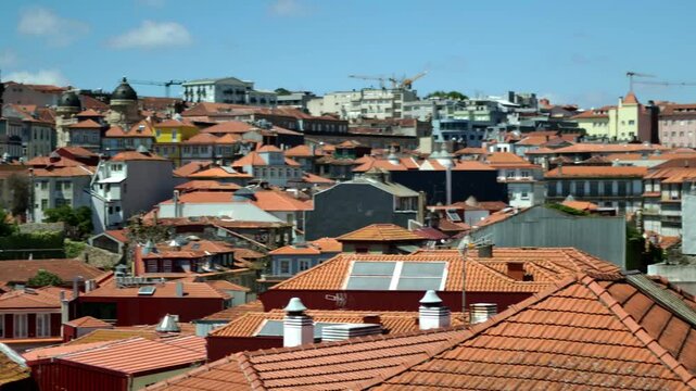 panning over the roofs of the houses in Porto, Portugal.