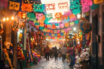 Colorful street decorated for Dia de los Muertos celebration