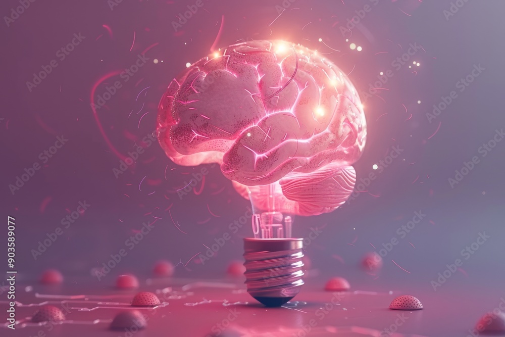 Poster abstract light bulb with a brain inside set in a dreamy pink and orange gradient background represen
