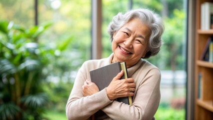 Elderly Asian woman hugging a book, smiling, indoors with greenery. Ideal for senior literacy programs, book clubs, and educational websites. Warm and friendly tones.