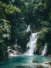Naklejka premium Waterfall cascading into a turquoise pool surrounded by dense jungle vegetation