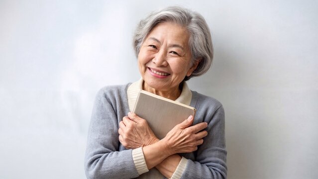 Elderly Asian woman hugging a book, smiling against a neutral background. Suitable for senior literacy programs, book promotions, and educational campaigns. Calm and pleasant atmosphere.