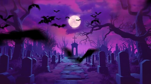 spooky graveyard in halloween night with pumpkin and bats