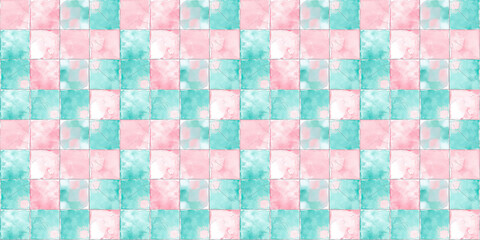 Fototapeta premium Blush pink and light teal tiles background, clean surface texture, white background