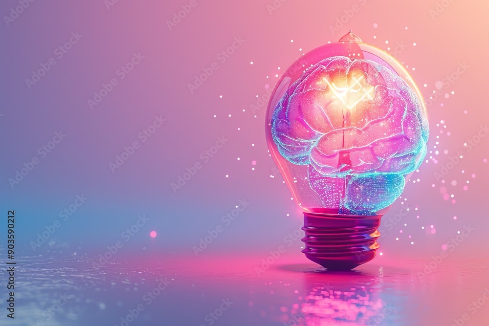 Poster illuminated light bulb with a brain set against a pastel pink and blue gradient background conveying
