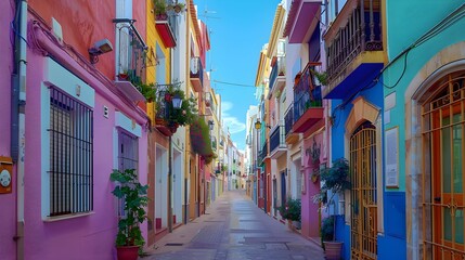 Fototapeta premium View to beautiful narrow Villajoyosa street with multi-colored houses. La Vila Joiosa - coastal town, Valencian Community, Spain, by Mediterranean sea 