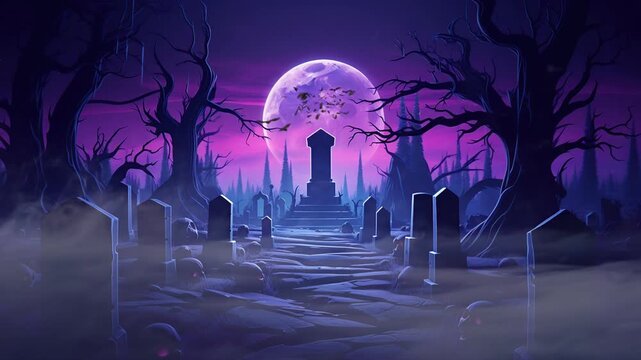 spooky graveyard in halloween night with pumpkin and bats