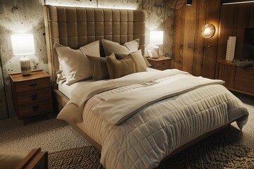 A luxury bedroom in a doomsday bunker, featuring a king-sized bed with plush bedding