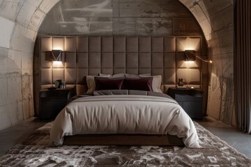 A luxury bedroom in a doomsday bunker, featuring a king-sized bed with plush bedding