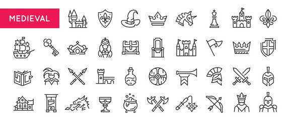 Medieval icons. Large set of medieval trendy minimal icons. Example: Crown, Dragon, Shield, Knight, Swords icon. Design signs for web page, mobile app, packaging design. Vector illustration.