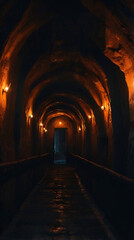 Carved Out Arched Underground Stone Block Walkway with Dim Lighting Accents