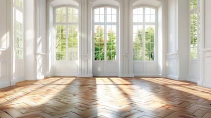 Fototapeta premium A bright and airy room with large windows letting in natural light. The white walls and herringbone hardwood floor create a spacious and elegant ambiance. The sunlight streams through the windows, ca