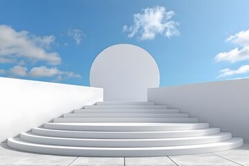 A serene white staircase leading to a circular opening under a clear blue sky.