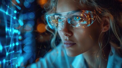 A focused scientist wearing futuristic smart glasses analyzes data, illuminated by blue light in a high-tech environment.