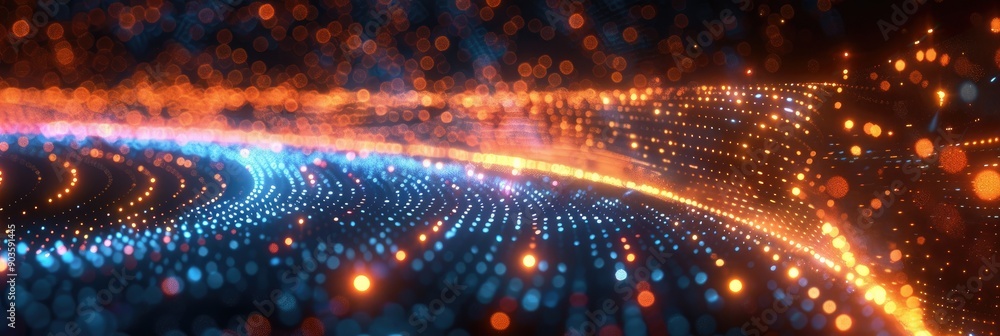 Poster abstract digital background featuring vibrant light trails and particle dots, depicting a dynamic an