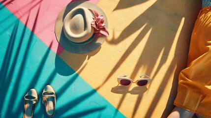 Summer Essentials: Illustration of a Straw Hat, Sunglasses, Sandals and Yellow Pants with Palm Leaf Shadows