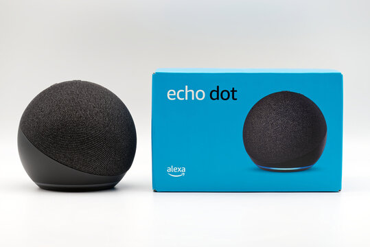 Bologna - Italy - July 23, 2024: Amazon Echo Dot. Alexa, virtual assistant AI.