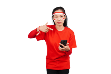 An Indonesian woman celebrating Indonesia's independence day on 17 August while holding smartphone with blank screen isolated transparent