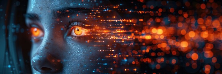 Digital futuristic eye with glowing lights and data streams, symbolizing technology, cyber world, and artificial intelligence.