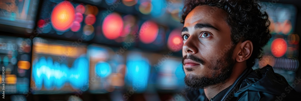 Aufkleber focused man monitoring data on multiple screens in a control center, analyzing complex visual inform
