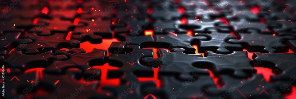 Poster a close-up image of black puzzle pieces with a red glow underneath, symbolizing connection, problem-