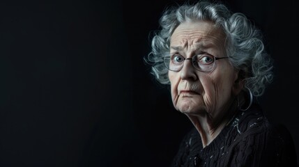 Upset woman on black background.