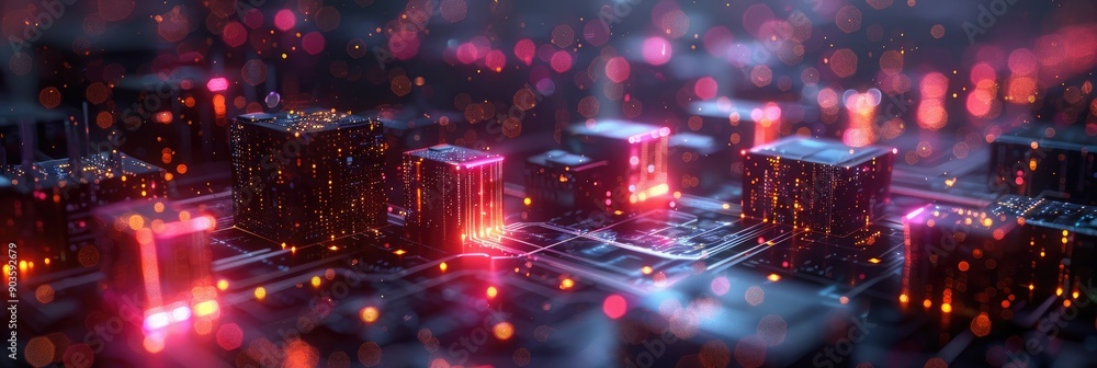Aufkleber futuristic circuit board with neon lights and glowing connections, depicting advanced technology and
