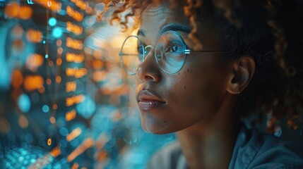 Focused young woman with glasses analyzing data on futuristic digital interface, reflecting lights and futuristic technology.