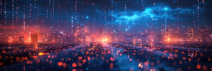 Futuristic cityscape with glowing lights and digital elements. Cyberpunk aesthetic skyline at night showcasing advanced technology and neon colors.